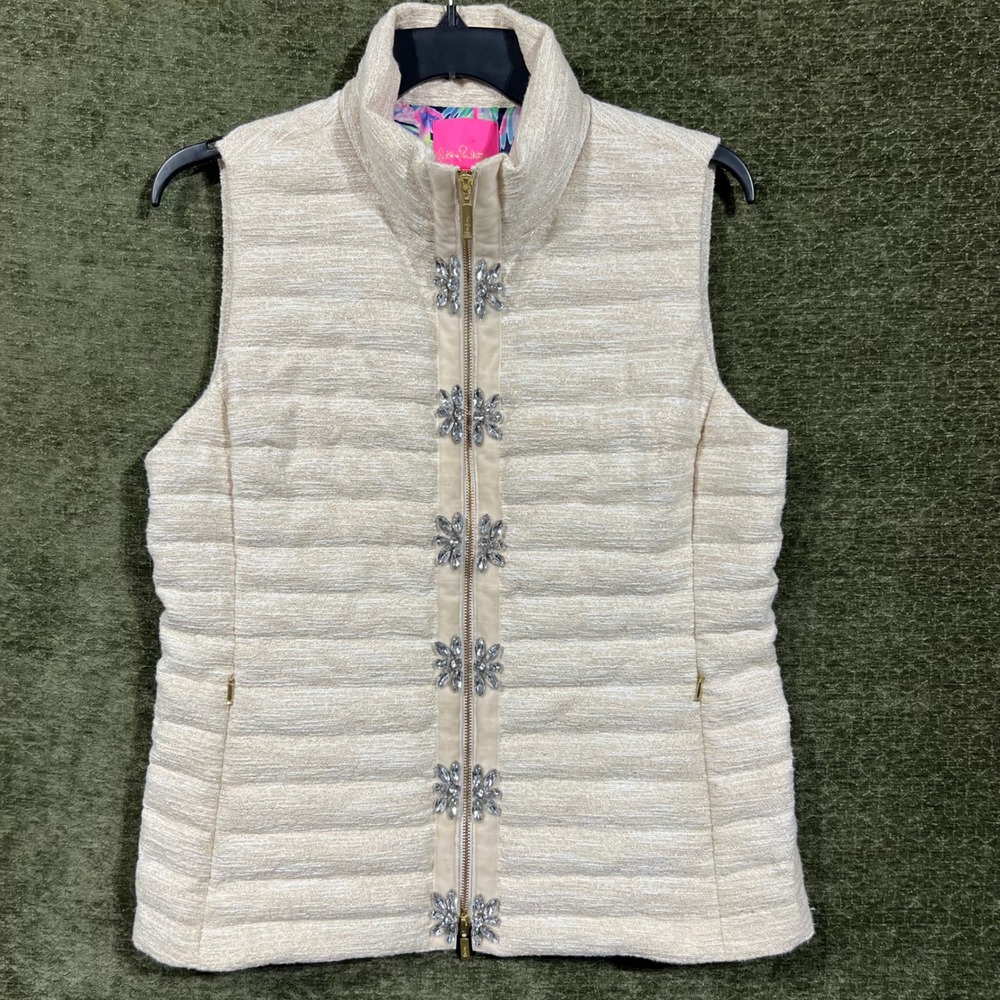 Lilly Pulitzer Noella Puffer Vest Womens XL Cream Metallic Rhinestone Floral